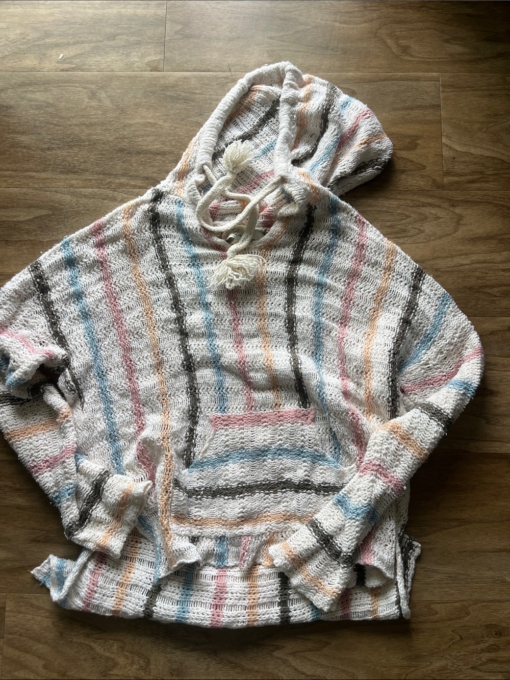 Striped Woven Hooded Pullover with Tassel Drawstrings - Pastel Stripes